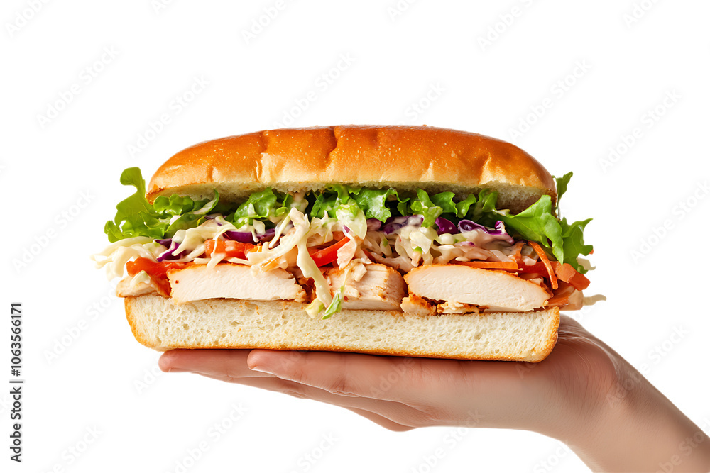 A hand holding up an turkey sandwich with lettuce and coleslaw, isolated on white background A hand holding up an turkey sandwich with lettuce and coleslaw, isolated on white background