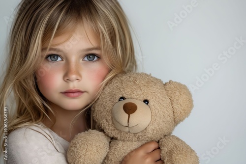 A little girl holding a teddy bear in her arms