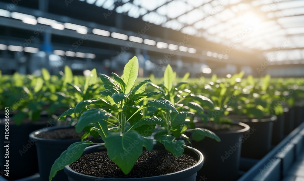 Green seedlings growing in a greenhouse under artificial lighting. Green seedlings growing in a greenhouse under artificial lighting.