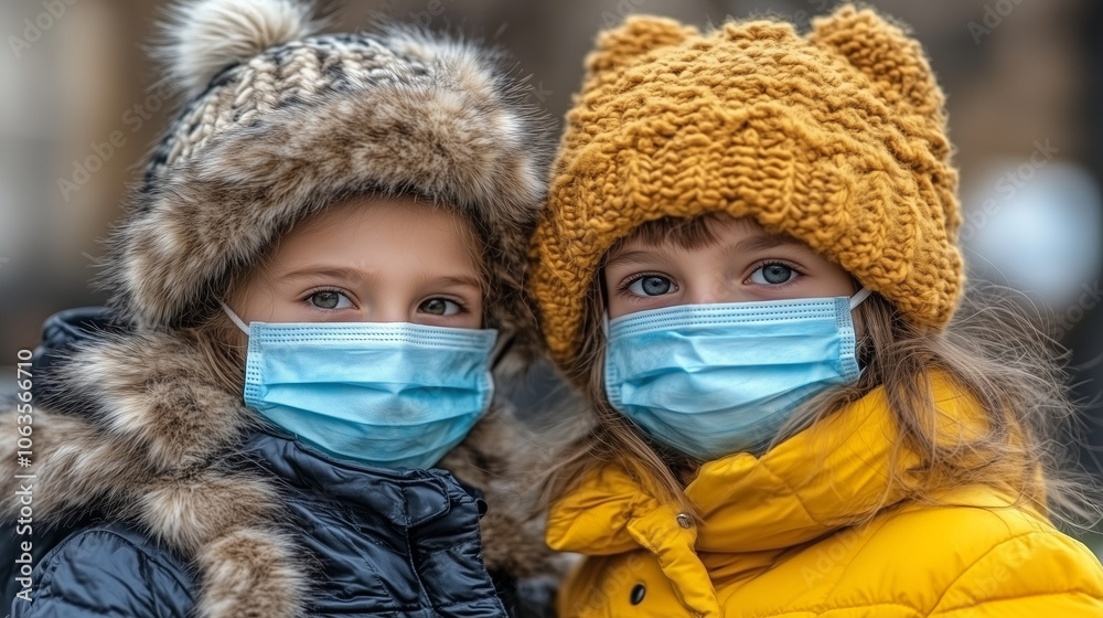 Winter Wonderland: Two girls in stylish winter hats and protective face masks. A heartwarming image of childhood resilience and winter fashion. Winter Wonderland: Two girls in stylish winter hats and protective face masks. A heartwarming image of childhood resilience and winter fashion.