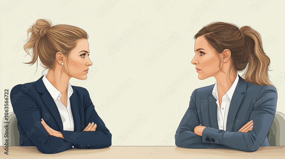 Two Women in Suits, Facing Off: An illustration depicting two women in professional attire, locked in a tense standoff, their expressions conveying a palpable tension and unspoken conflict.