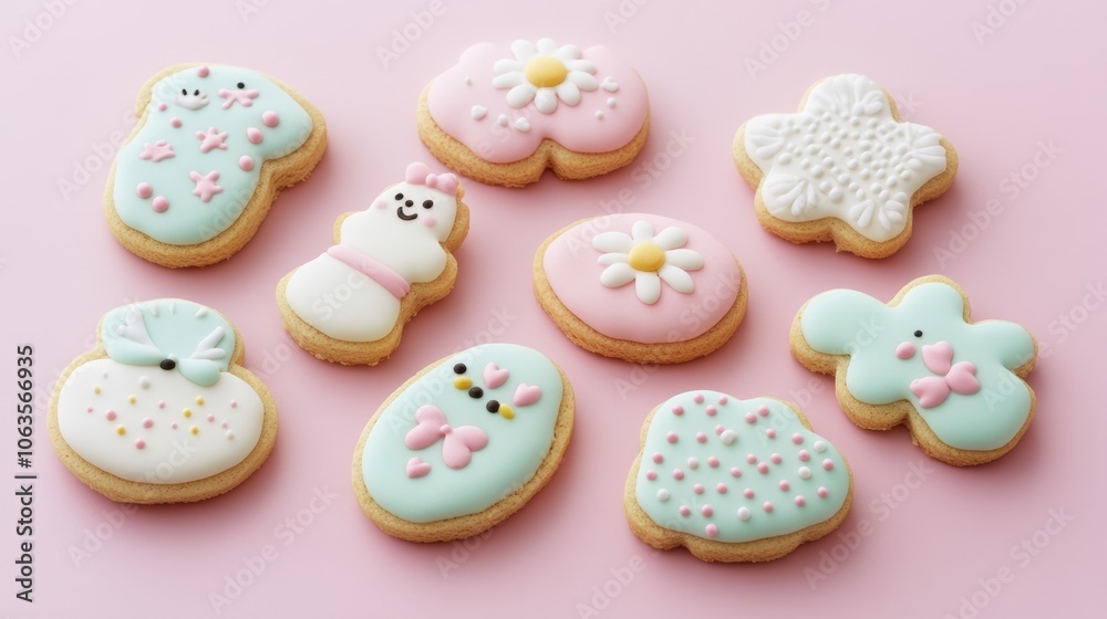 Happy Easter. Multicolored pastel easter cookies on a pink background. Happy Easter. Multicolored pastel easter cookies on a pink background.