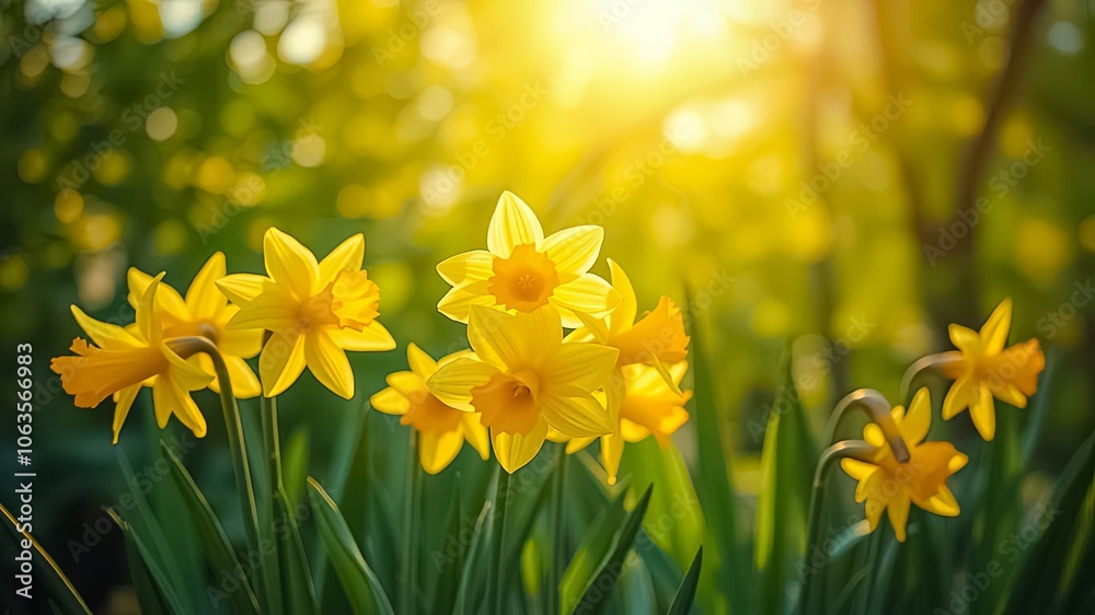 Sun-kissed daffodils bathed in golden light, a vibrant display of spring's arrival against a backdrop of lush greenery. Sun-kissed daffodils bathed in golden light, a vibrant display of spring's arrival against a backdrop of lush greenery.
