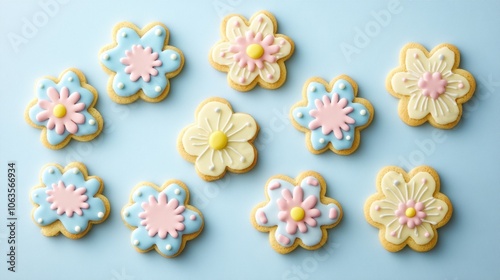 Happy Easter. Multicolored pastel easter cookies on a blue background. flowers