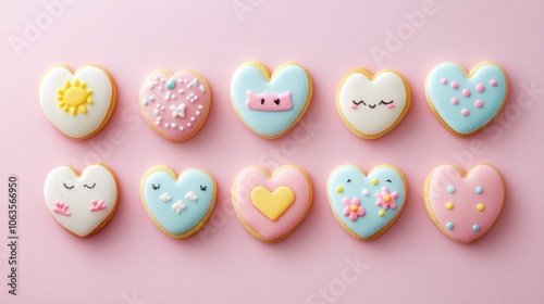 Happy Easter. Multicolored pastel easter cookies on a pink background. Hearts