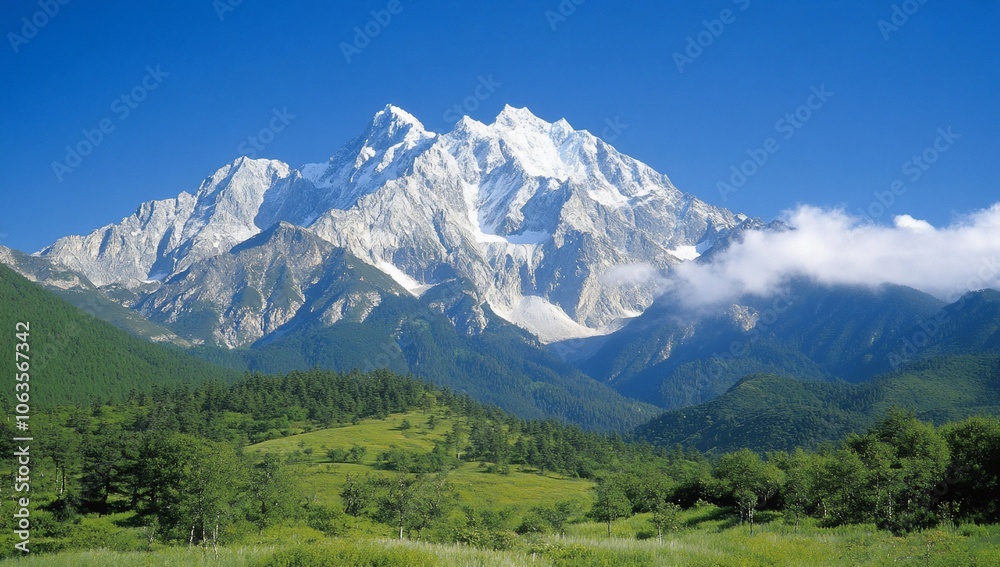 Majestic snow-capped mountain peak rises above green valley with blue sky. Majestic snow-capped mountain peak rises above green valley with blue sky.