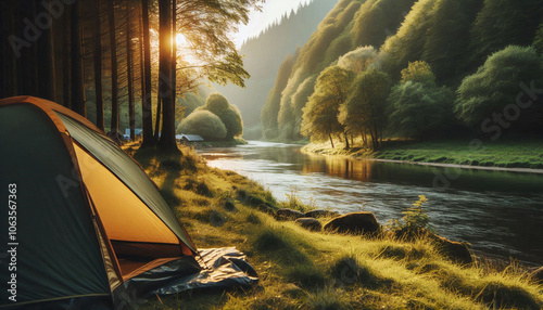 A tent facing a serene river surrounded by tall trees and lush greenery, illuminated by soft dawn light photo