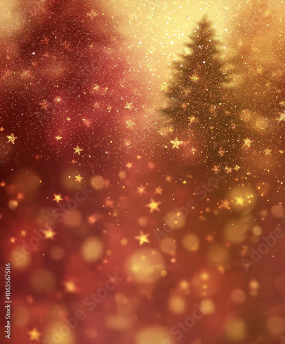 Golden and red bokeh background with sparkling stars and silhouette of trees, creating festive and magical atmosphere. Perfect for holiday themes and celebrations