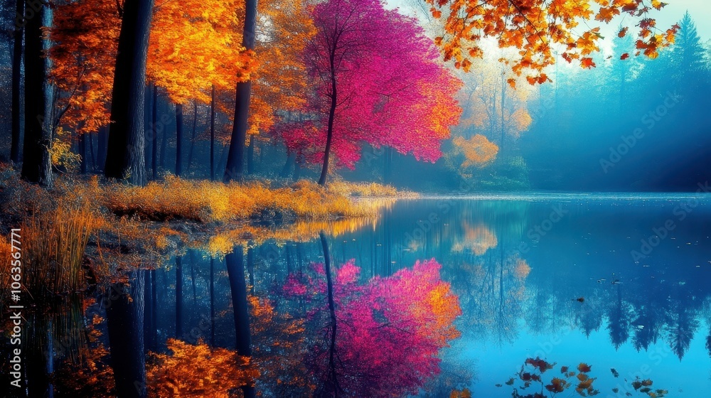 Capture the stunning reflection of colorful autumn leaves on a tranquil lake surface