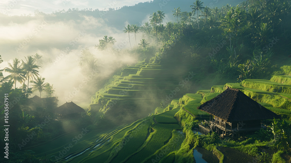 Lush green rice terraces at sunrise, surrounded by mist and palm trees ...