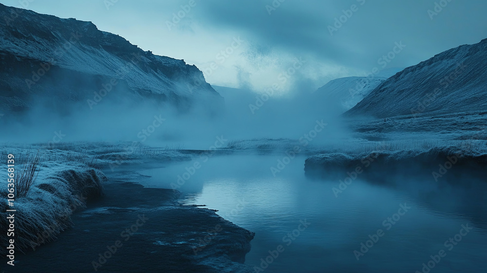 serene Icelandic hot spring surrounded by misty mountains and icy terrain, creating tranquil and mystical atmosphere serene Icelandic hot spring surrounded by misty mountains and icy terrain, creating tranquil and mystical atmosphere