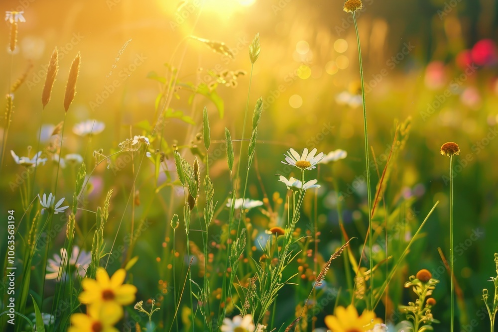 Fototapeta premium Wildflower Background. Beautiful Meadow Wildflowers in Natural Green Rural Setting
