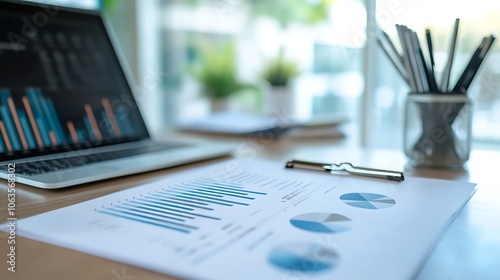 A workspace featuring a laptop, charts, and a pen, indicating data analysis and business reporting.