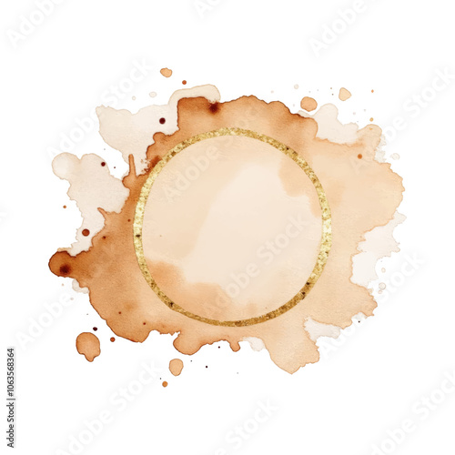 A circular golden frame on a coffee stain watercolor background.