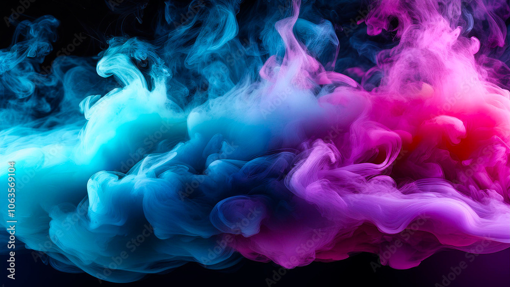 Fototapeta premium Thick clouds of blue and pink smoke mix to create smooth gradients against a dark background.