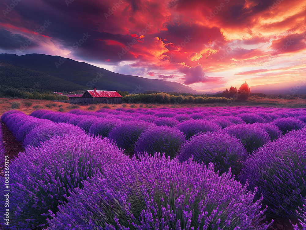 Fototapeta premium Lavender field in full bloom under dramatic sunset sky, showcasing vibrant purple flowers and rustic barn in background. scene evokes tranquility and natural beauty