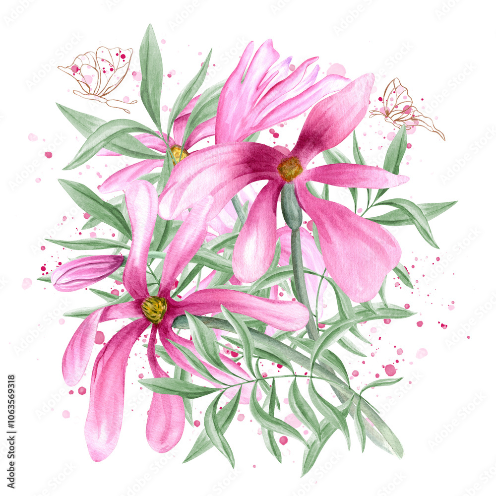 Abstract pink magnolia, green eucalyptus leaves and fluttering golden contour butterflies illustration on watercolor splashes. Delicate hand drawn wild flowers composition/ For wedding, valentine day. Abstract pink magnolia, green eucalyptus leaves and fluttering golden contour butterflies illustration on watercolor splashes. Delicate hand drawn wild flowers composition/ For wedding, valentine day.