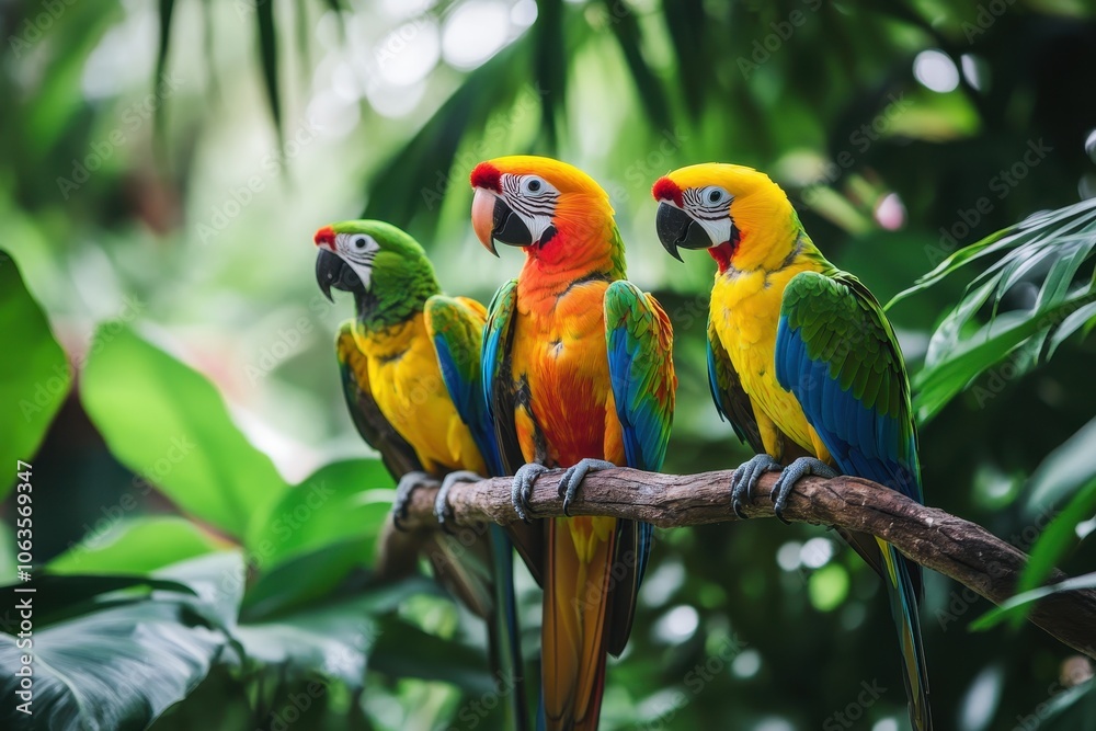 A tropical rainforest with lush green foliage and brightly colored exotic birds A tropical rainforest with lush green foliage and brightly colored exotic birds