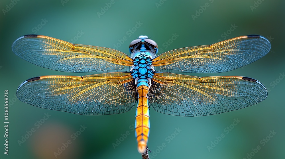 A vibrant dragonfly with blue and orange wings against a green background. A vibrant dragonfly with blue and orange wings against a green background.