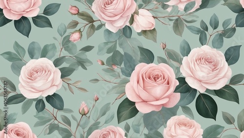 Wallpaper Mural Seamless pattern of pastel pink roses on green background Torontodigital.ca