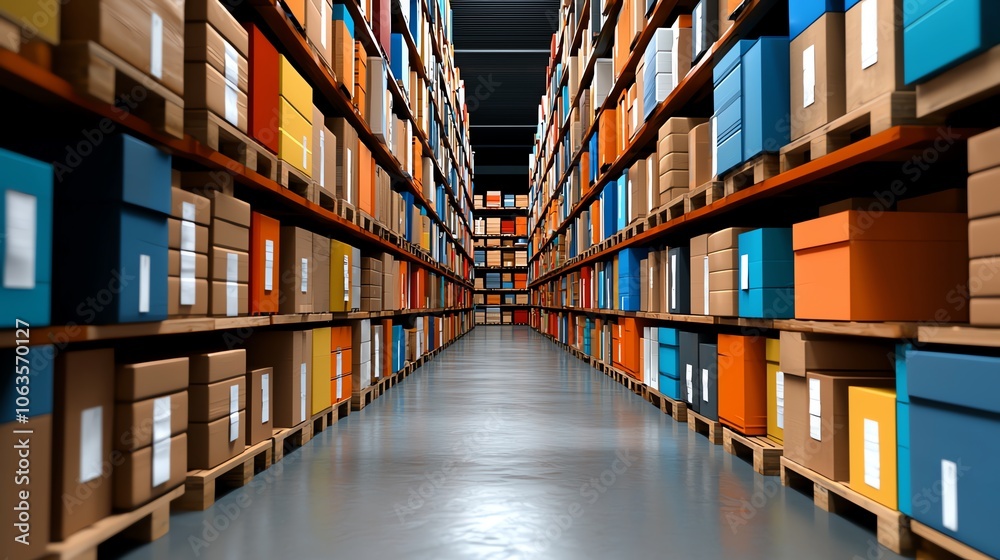 A long aisle in a warehouse with shelves stacked with boxes. A long aisle in a warehouse with shelves stacked with boxes.