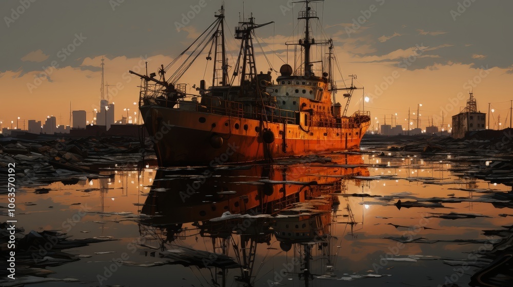 Fototapeta premium A solitary, rusty ship sits docked amidst a sea of debris and the reflection of an urban sunset, a testament to the industrial landscape of the city.