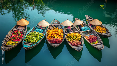 Colorful boats filled with fresh fruits at floating market in Vietnam, showcasing vibrant array of produce and traditional hats worn by vendors