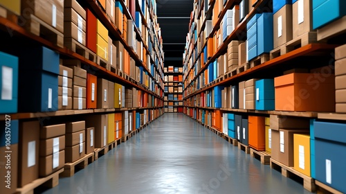 A long aisle in a warehouse with shelves stacked with boxes.