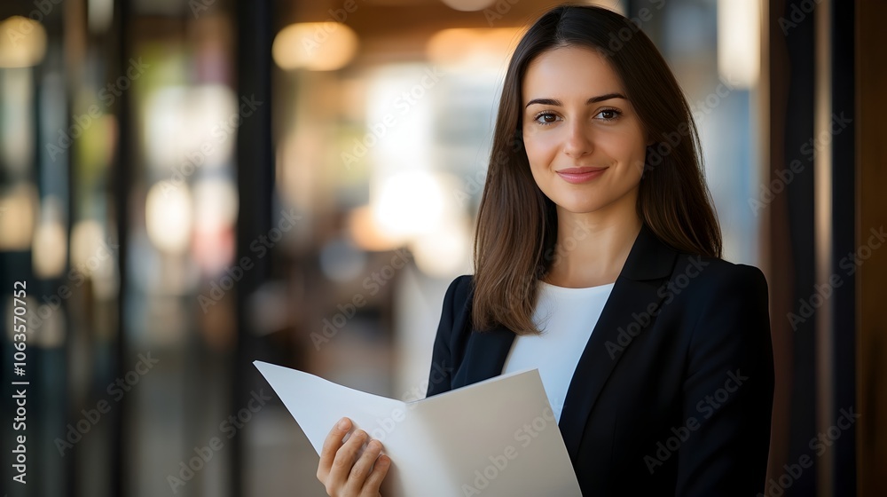 Confident Female Attorney Holding Legal Document in Law Office Confident Female Attorney Holding Legal Document in Law Office
