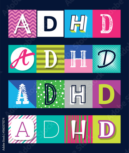 Vector ADHD lettering set on multicolor squares