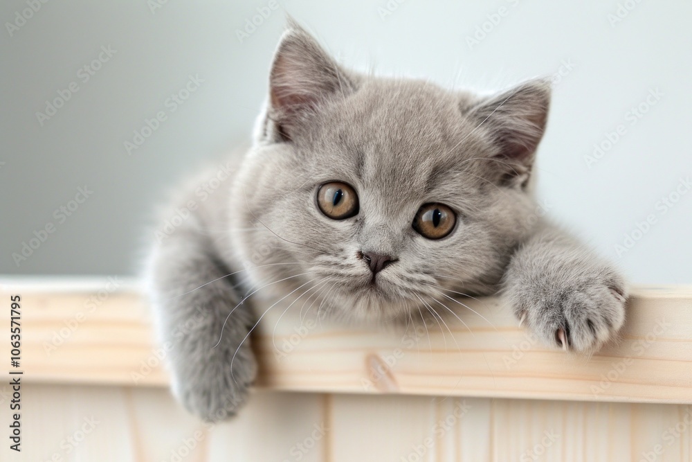 Adorable gray kitten relaxing on wooden surface with curious expression Adorable gray kitten relaxing on wooden surface with curious expression