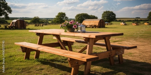 A wooden picnic table with a floral centerpiece and a lantern sits on a green grassy field in the afternoon sunlight.