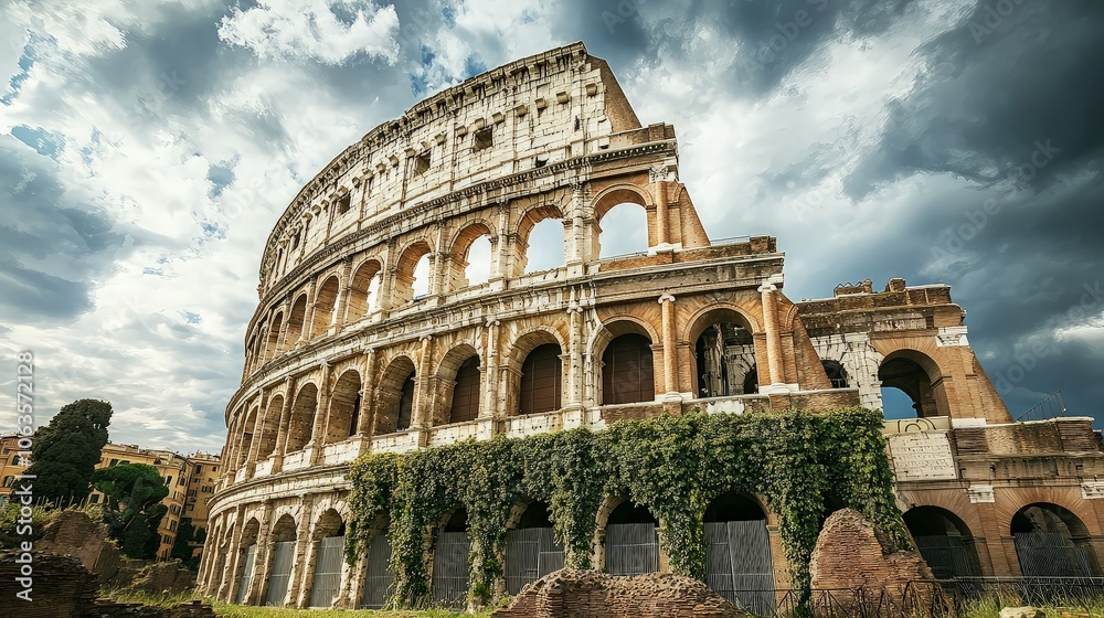 Fototapeta premium The Colosseum in Rome, Italy, with dramatic clouds in the sky.