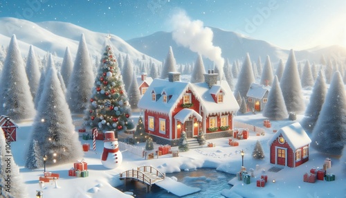 christmas miniature diorama. A fairytale Christmas scene with a snow-covered winter village and warm light.