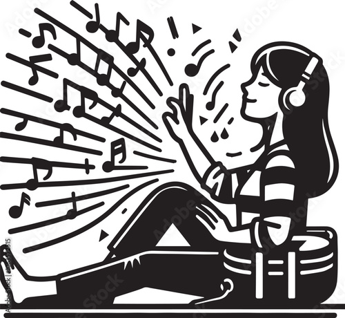 Blind people Enjoys Music with Headphones and a Big Smile. A black and white woodcut-style illustration of a person wearing headphones, eyes closed and a wide, joyful smile on face.