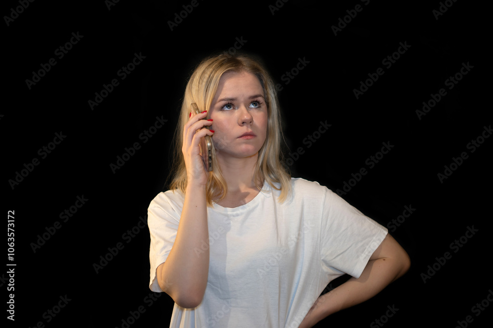 Thoughtful young woman on phone with serious expression Thoughtful young woman on phone with serious expression