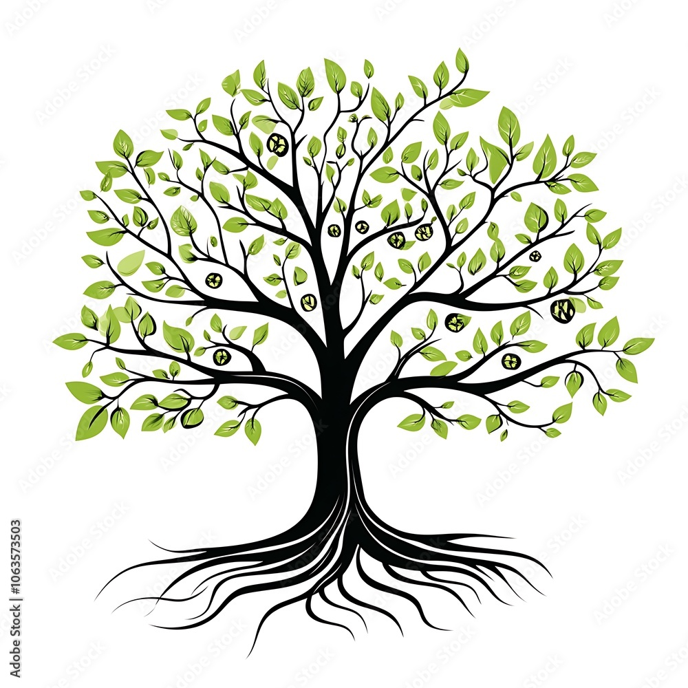 Fototapeta premium A stylized tree with green leaves and fruit and black branches and roots.
