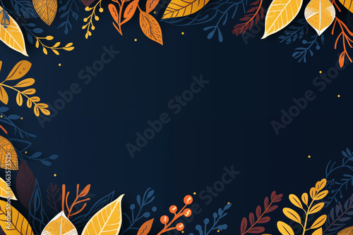 A vector of bright beautiful leaves frame on autumn dark blue background, design for banner, poster, 