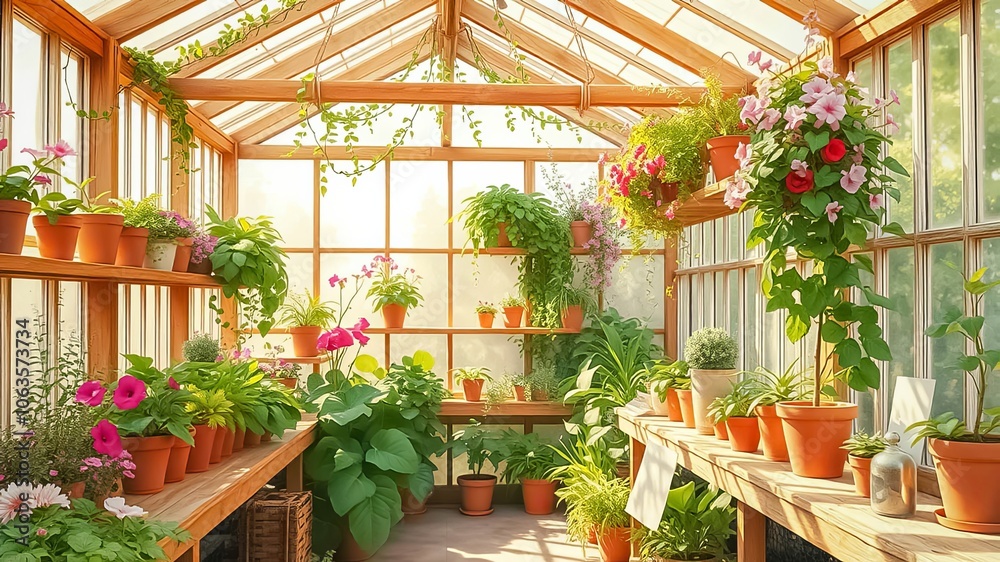 A sunlit greenhouse filled with thriving greenery and a cascade of vibrant pink blossoms, showcasing the beauty of nature's artistry. A sunlit greenhouse filled with thriving greenery and a cascade of vibrant pink blossoms, showcasing the beauty of nature's artistry.