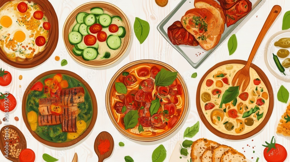 Colorful arrangement of traditional Italian dishes and vegetables for a cozy homemade meal Colorful arrangement of traditional Italian dishes and vegetables for a cozy homemade meal