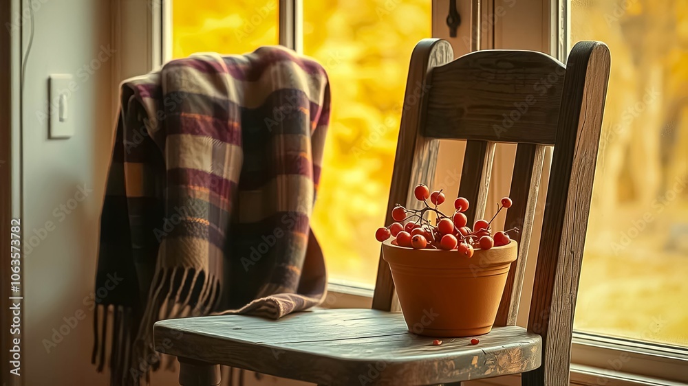 A Rustic Wooden Chair with a Plaid Blanket Draped Over It, a Clay Pot of Vibrant Red Berries, and a Window Showing a Blurred Autumn Landscape in the Background A Rustic Wooden Chair with a Plaid Blanket Draped Over It, a Clay Pot of Vibrant Red Berries, and a Window Showing a Blurred Autumn Landscape in the Background