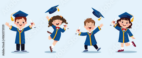 Cute little schoolgirl in graduation hat and gown holding diploma certificate, Cute little schoolboy