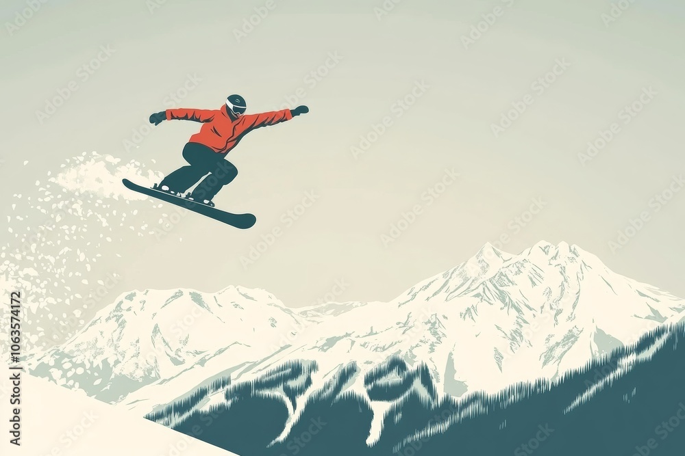 professional rider doing snowboarding trick jump in mid air with stylistic motion lines on snowboard, minimal background with copy space professional rider doing snowboarding trick jump in mid air with stylistic motion lines on snowboard, minimal background with copy space