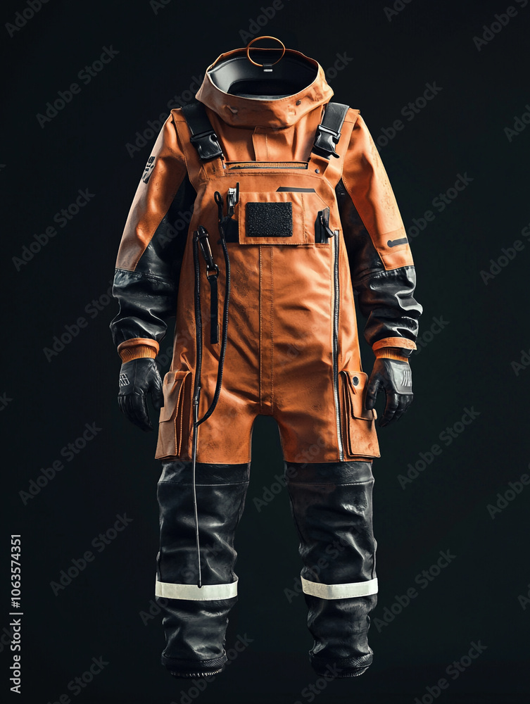 Front view of red and black men's leather overalls with a shirt, against a dark background. Front view of red and black men's leather overalls with a shirt, against a dark background.