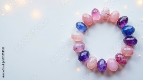 circular arrangement of oval natural stones crystals in pink purple blue colors on white surface with delicate lights, top view, banner with copy space. alternative medicine, healing stones concept