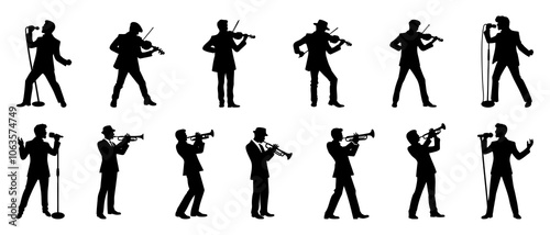 Silhouettes set of musicians playing various musical instruments vector collection