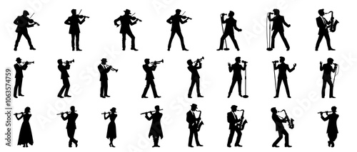 Silhouettes set of musicians playing various musical instruments vector collection