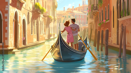 Couple gondola ride through sunny venice canal. Venetian Gondolas. Illustration