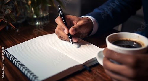 close-up of business person writing on a notebook, business persons working table