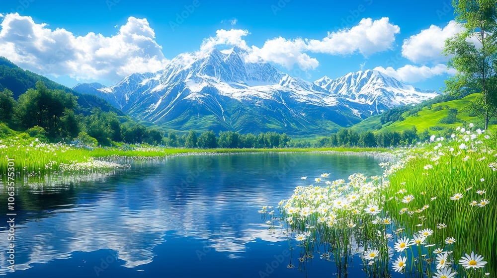 A lake with a mountain range in the background and flowers in the foreground A lake with a mountain range in the background and flowers in the foreground
